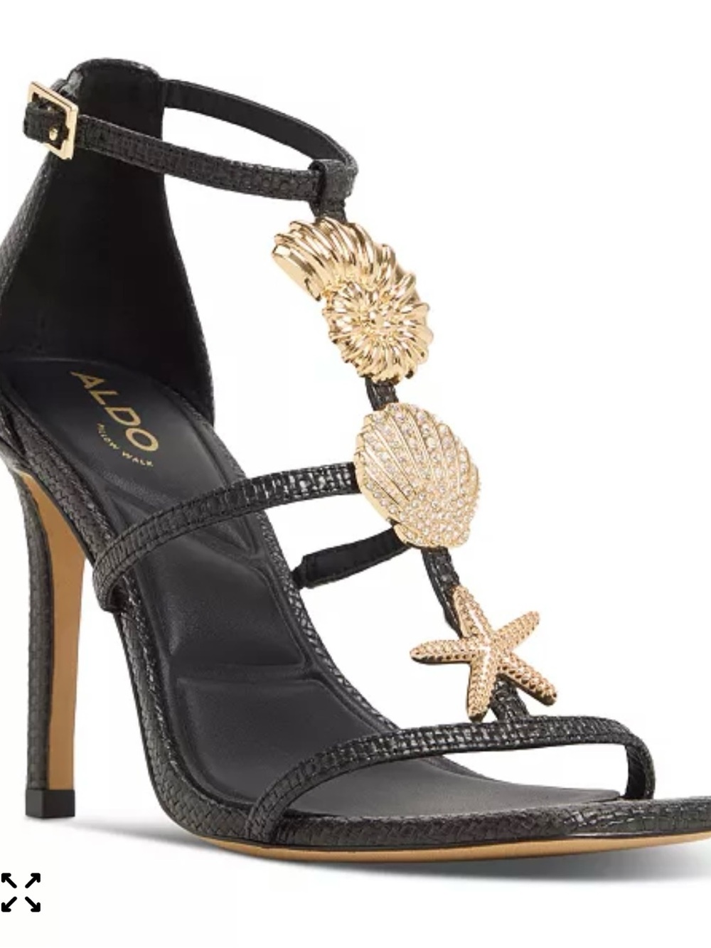 ALDO Black High-Heel T-Strap Sandals with Gold Sea-Accent Hardware